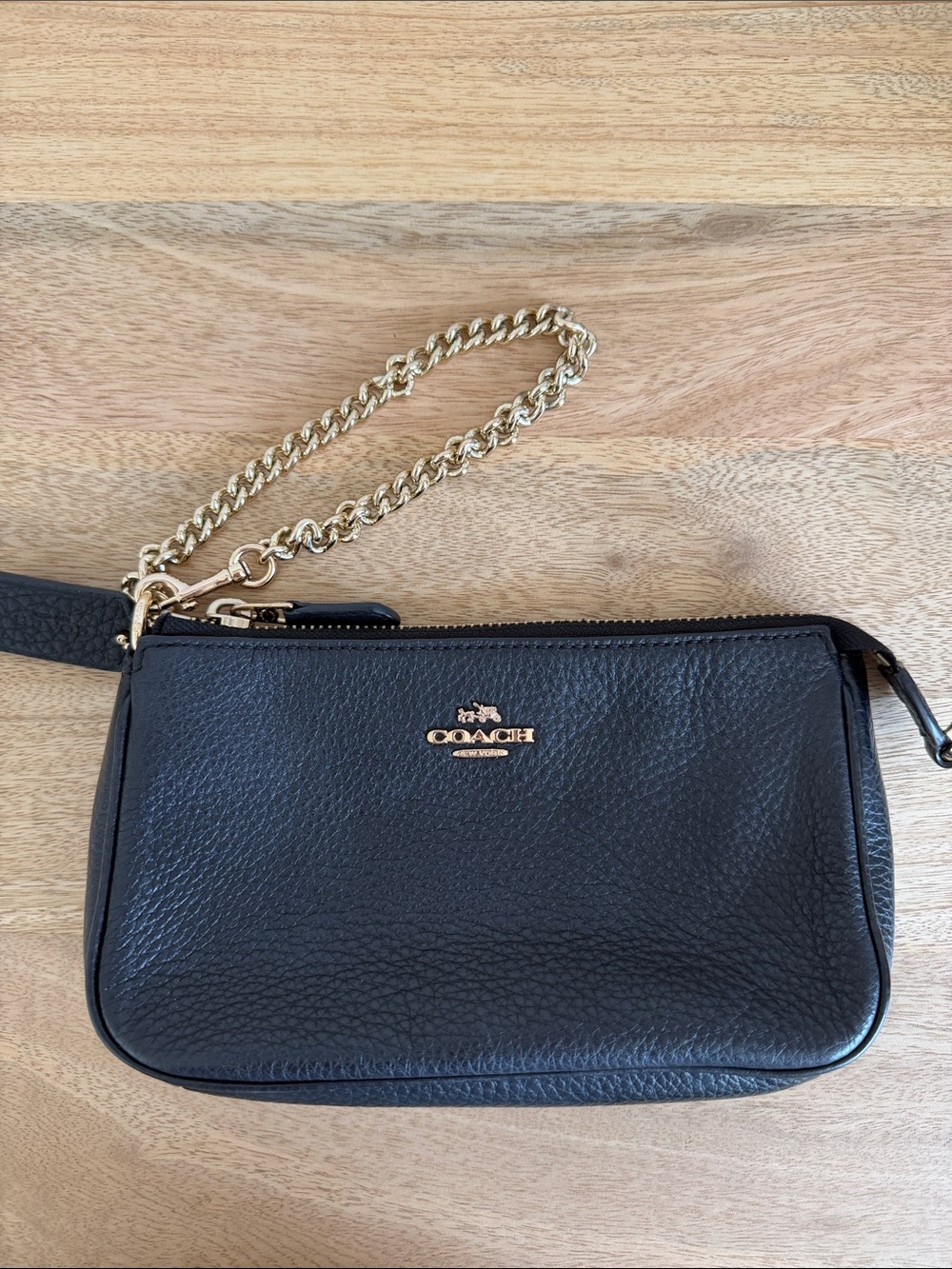 Coach Black Pebbled Leather Double Zip clutch with Gold Hardware